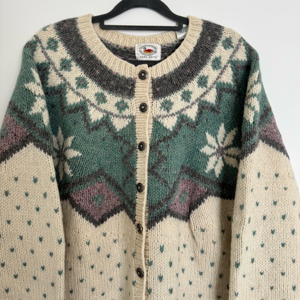Vintage Marsh Landing Shetland Wool Heavyknit Cardigan Sweater Beige Large - Picture 4 of 15